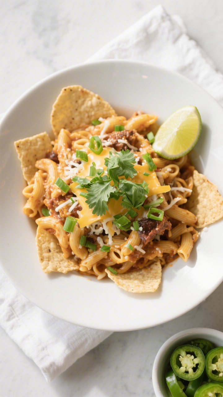 Final plated overhead: Restaurant-quality presentation of taco elbow pasta in a wide white bowl, top