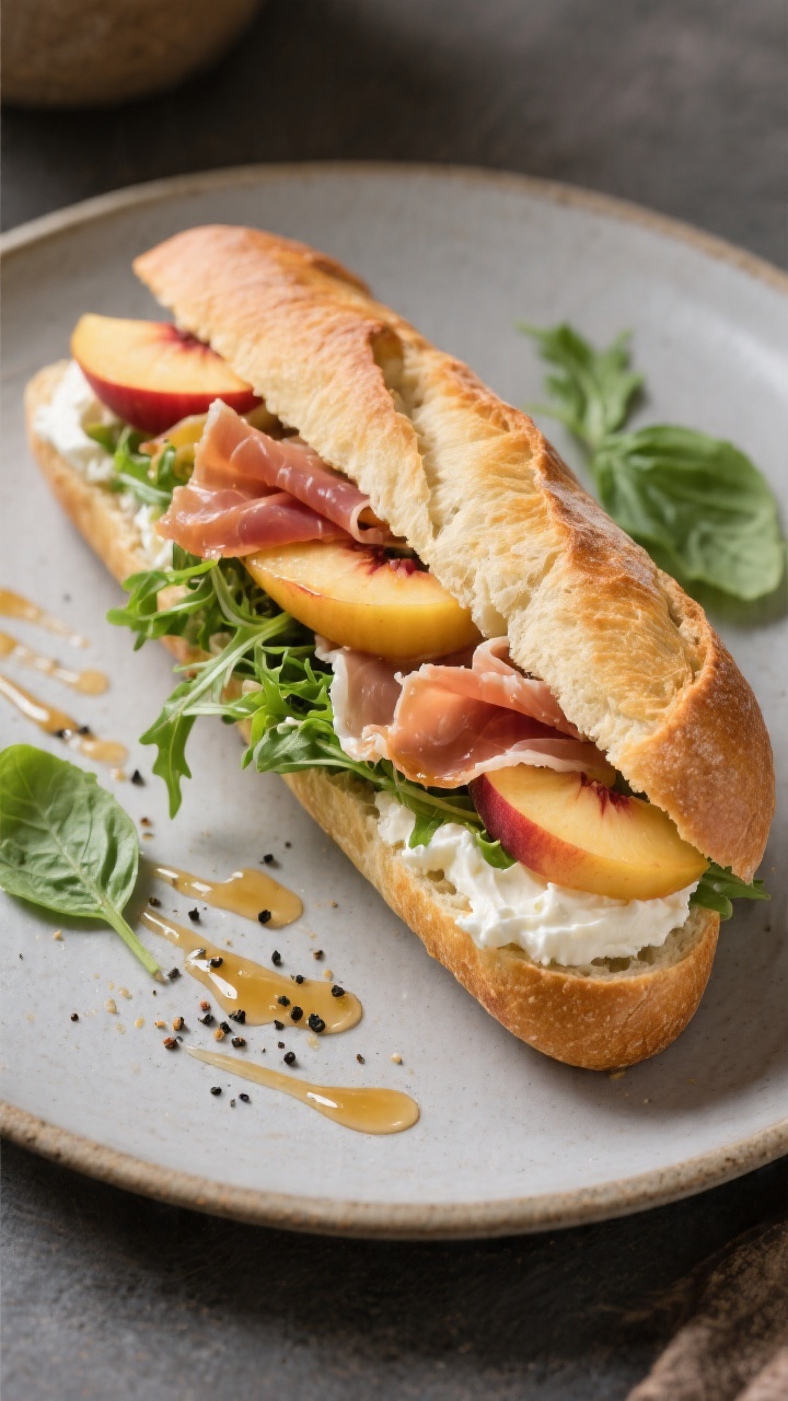 Final plated – Peach, Prosciutto, and Goat Cheese Baguette: Beautifully assembled baguette sandwic