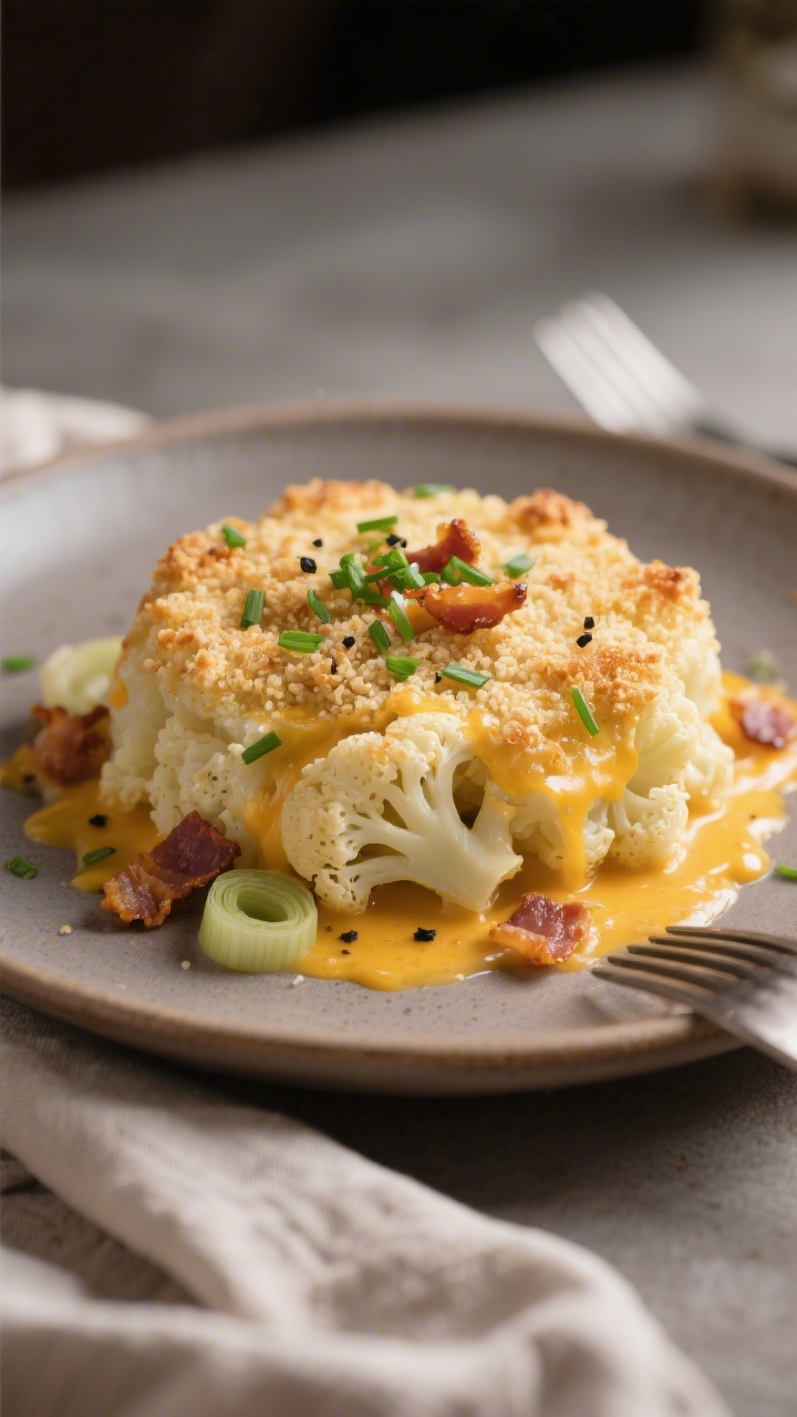 Final plated presentation: A generous scoop of Cauliflower Gratin served on a warm gray ceramic plat