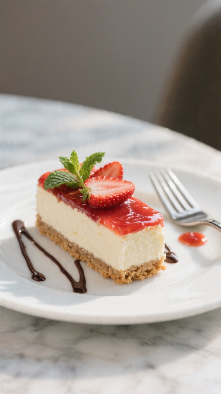Final plated presentation: A single bar of no-bake strawberry cheesecake on a small white dessert pl