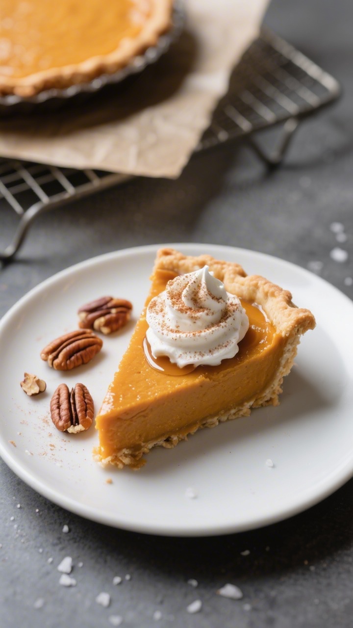 Final plated presentation: a single neat slice of vegan pumpkin pie on a matte white dessert plate, 
