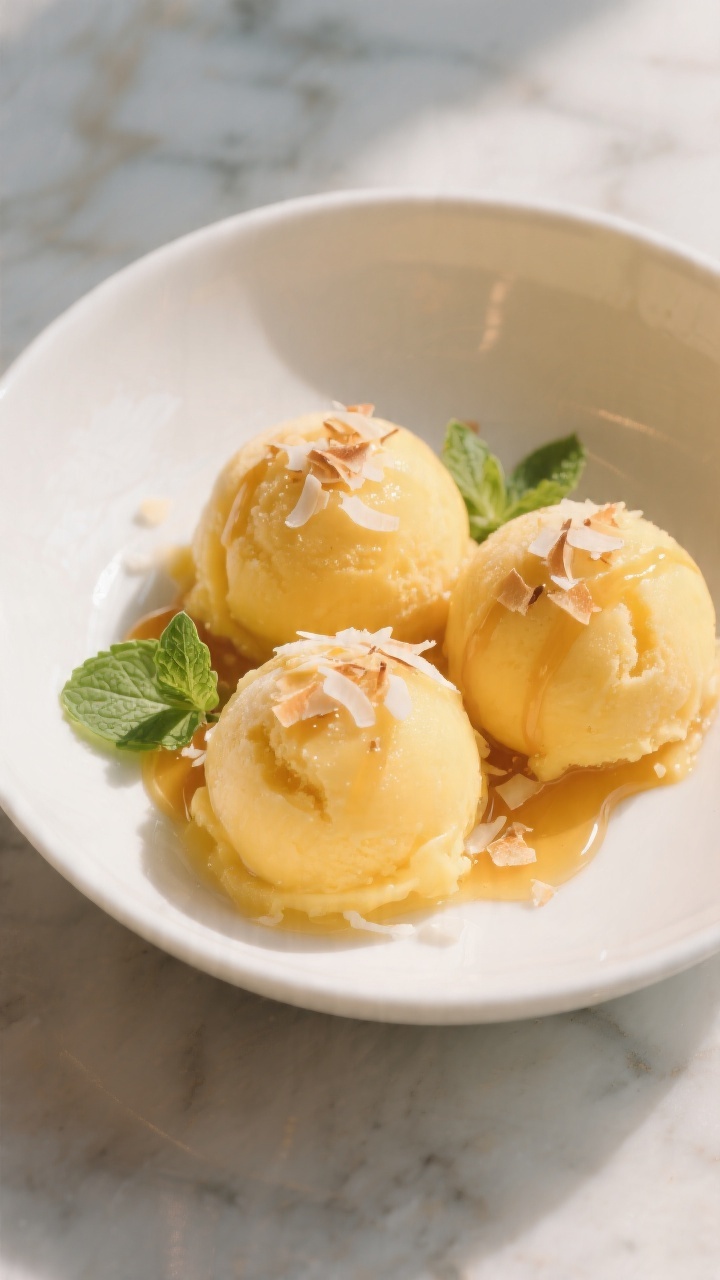 Final plated presentation: Beautifully scooped 3-ingredient frozen mango dessert, three round, smoot