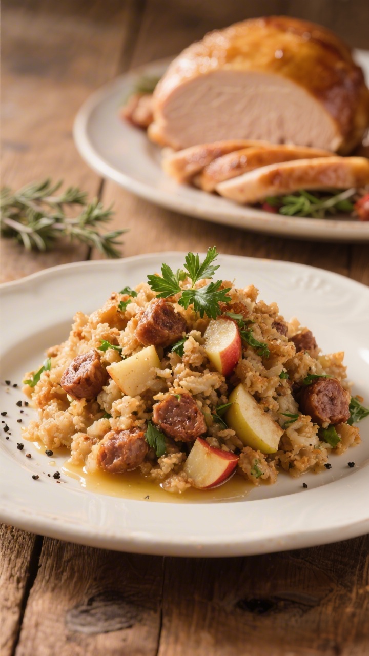 Final plated presentation, cozy holiday vibe: A heaping scoop of apple sausage stuffing on a warm wh