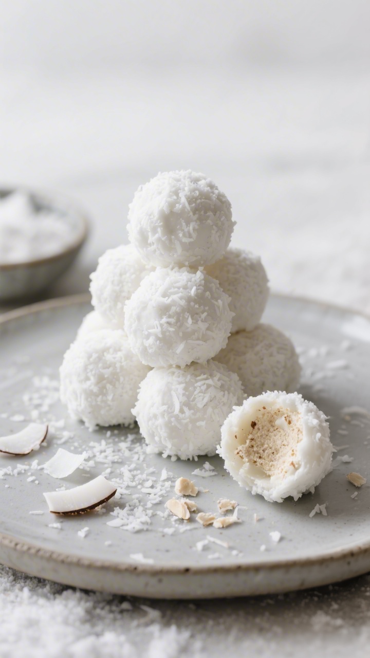 Final plated presentation of no-bake coconut snowballs: a neat pyramid of snowy white balls rolled i