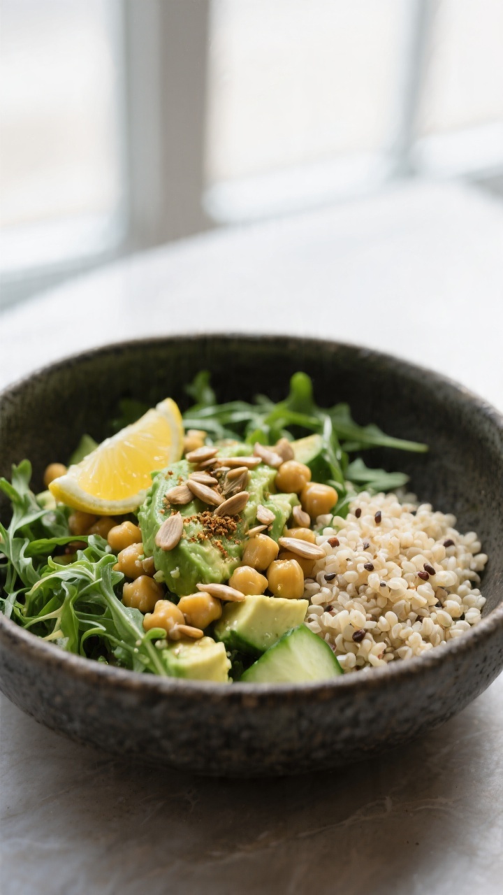 Final plated presentation: Restaurant-quality bowl of Avocado Chickpea Salad served over a bed of pe