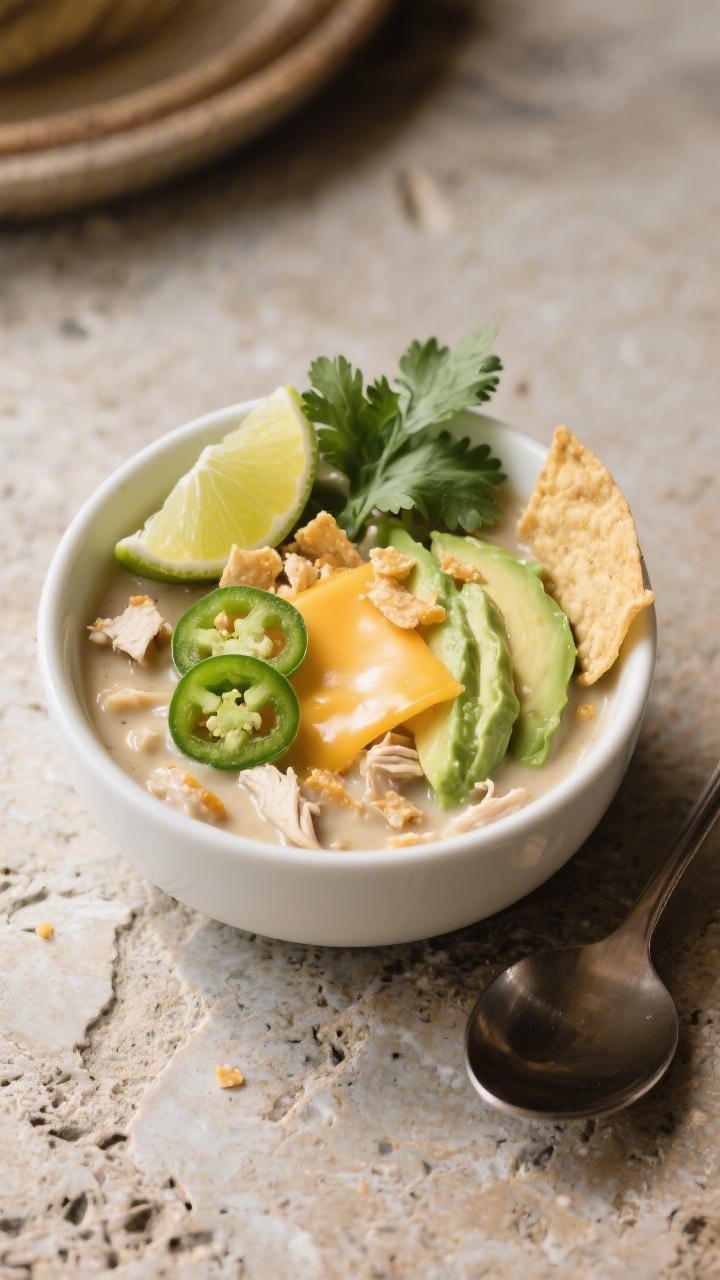 Final plated presentation: Restaurant-quality bowl of white chicken chili styled for serving—silky