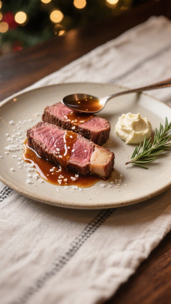 Final plated presentation: Restaurant-quality plate with 2–3 uniform 1/2- to 3/4-inch slices of pr