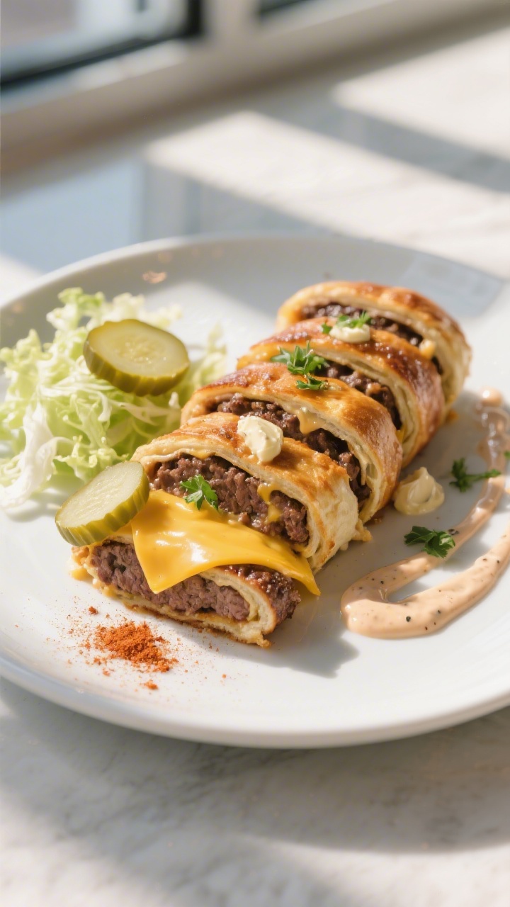 Final plated presentation: Restaurant-quality plating of sliced cheeseburger roll ups stacked casual