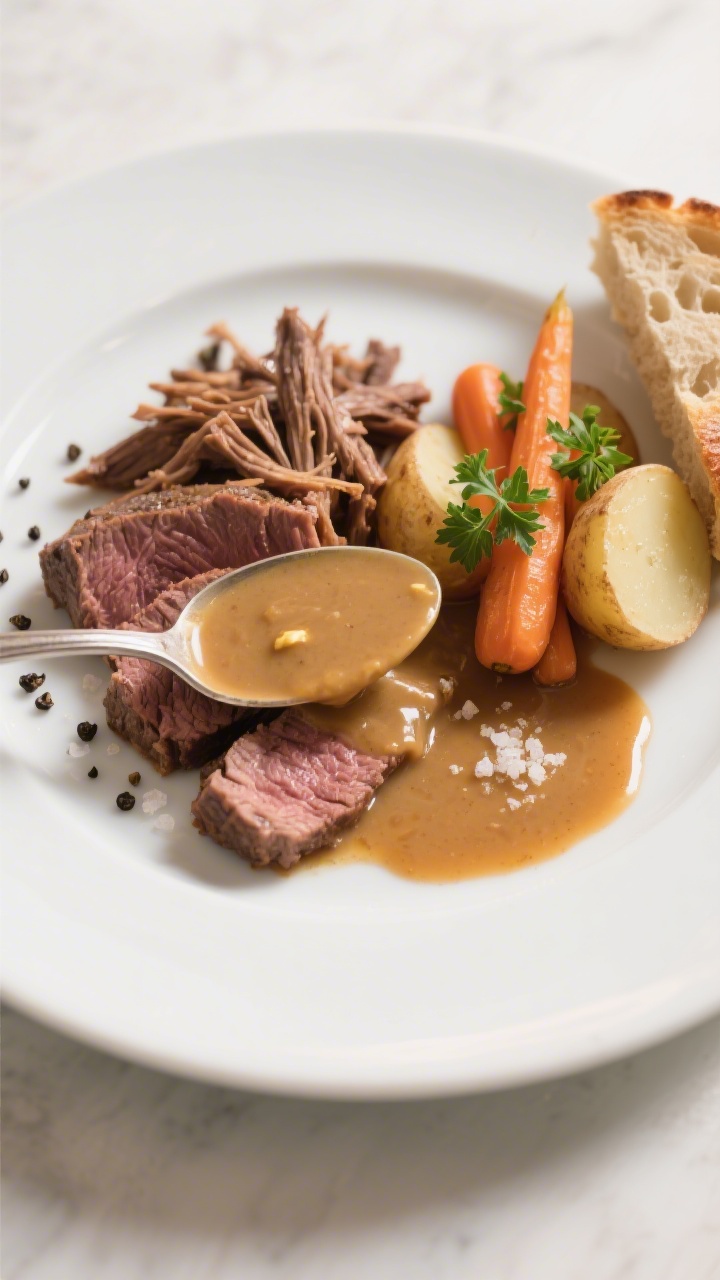 Final plated presentation: Slices and shreds of beef chuck roast arranged on a wide white plate, spo
