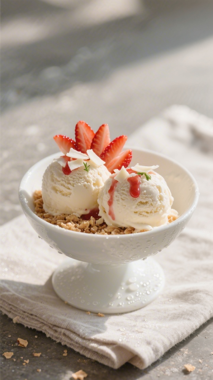 Final plated presentation: two generous scoops of homemade strawberry ice cream in a chilled white c