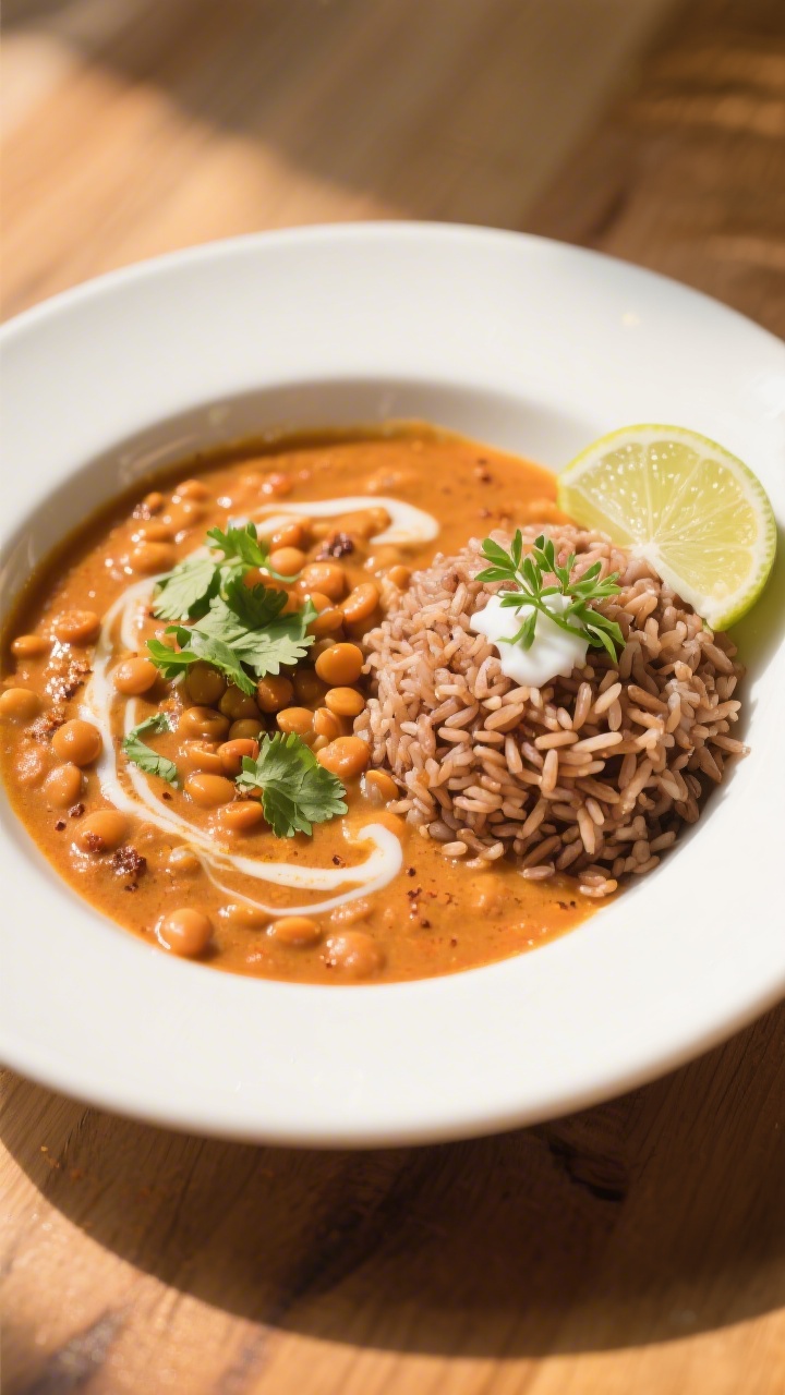 Final plated Red Lentil Coconut Curry with rice: creamy, sunset-orange curry studded with tender len