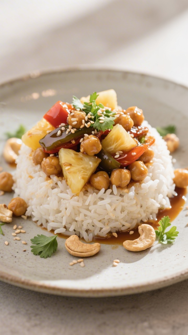 Final plated restaurant-quality shot: Pineapple Chickpeas and Rice neatly mounded on a shallow stone