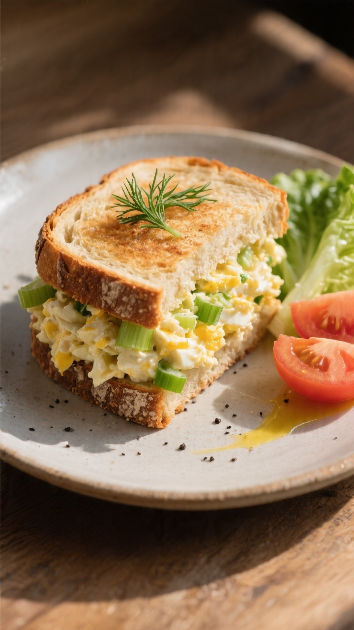 Final plated sandwich: Beautifully stacked egg salad sandwich on toasted sourdough—thick layer of 