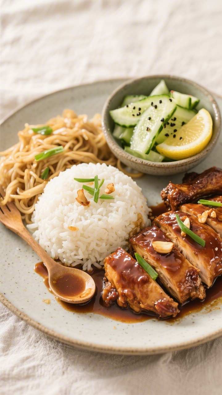 Final plated spread: Beautifully plated Filipino weeknight dinner—glossy chicken adobo over fluffy