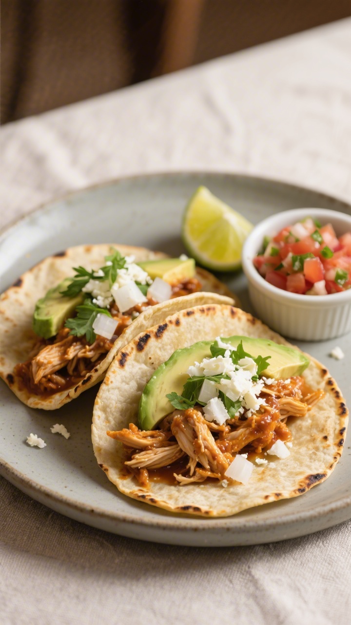 Final plated tacos beauty shot: Two chicken tinga tacos on warm, slightly charred corn tortillas, ge