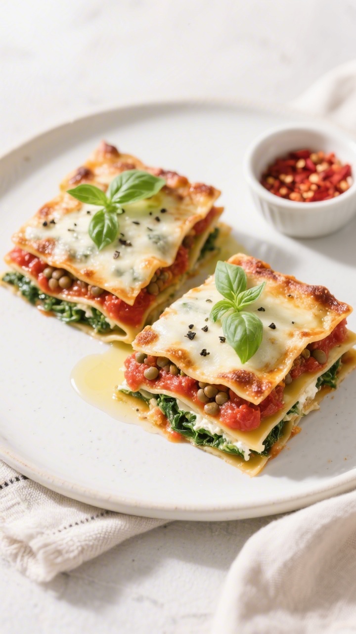 Final plated, top-down hero: Overhead shot of two cleanly sliced squares of high-protein vegan lasag