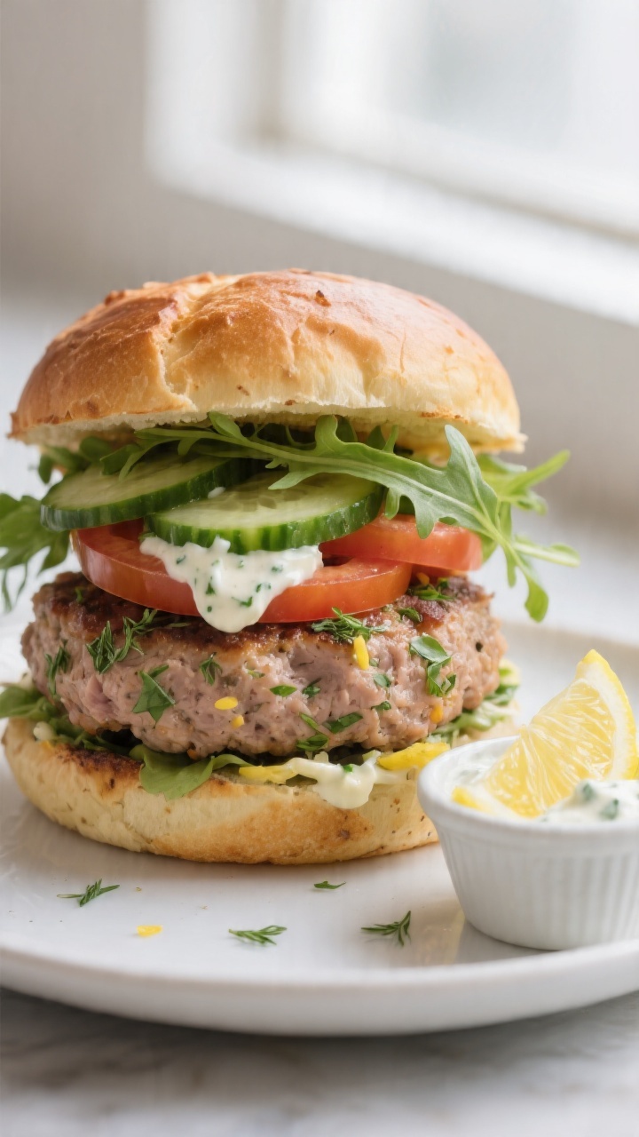 Final plated turkey burger: Zesty herbed turkey burger stacked on a toasted potato bun with arugula,