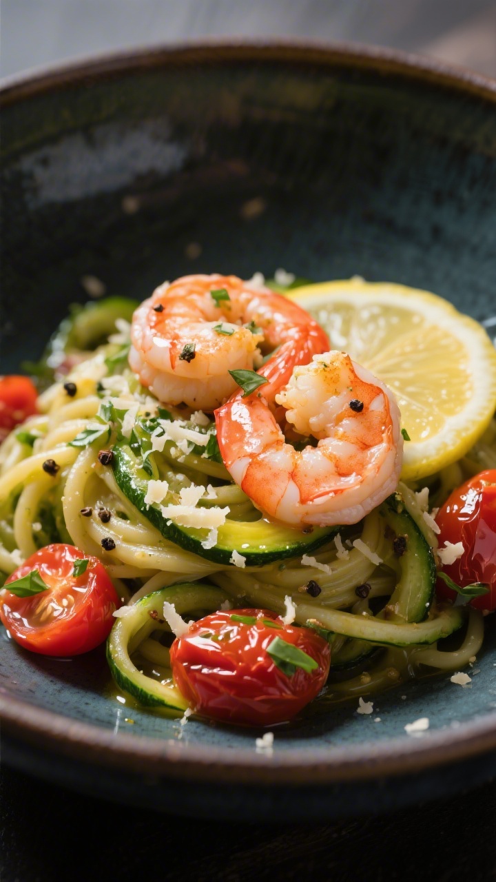 Final plated variation, : Lemon-garlic shrimp zucchini pasta plated in a wide, dark ceramic bowl for