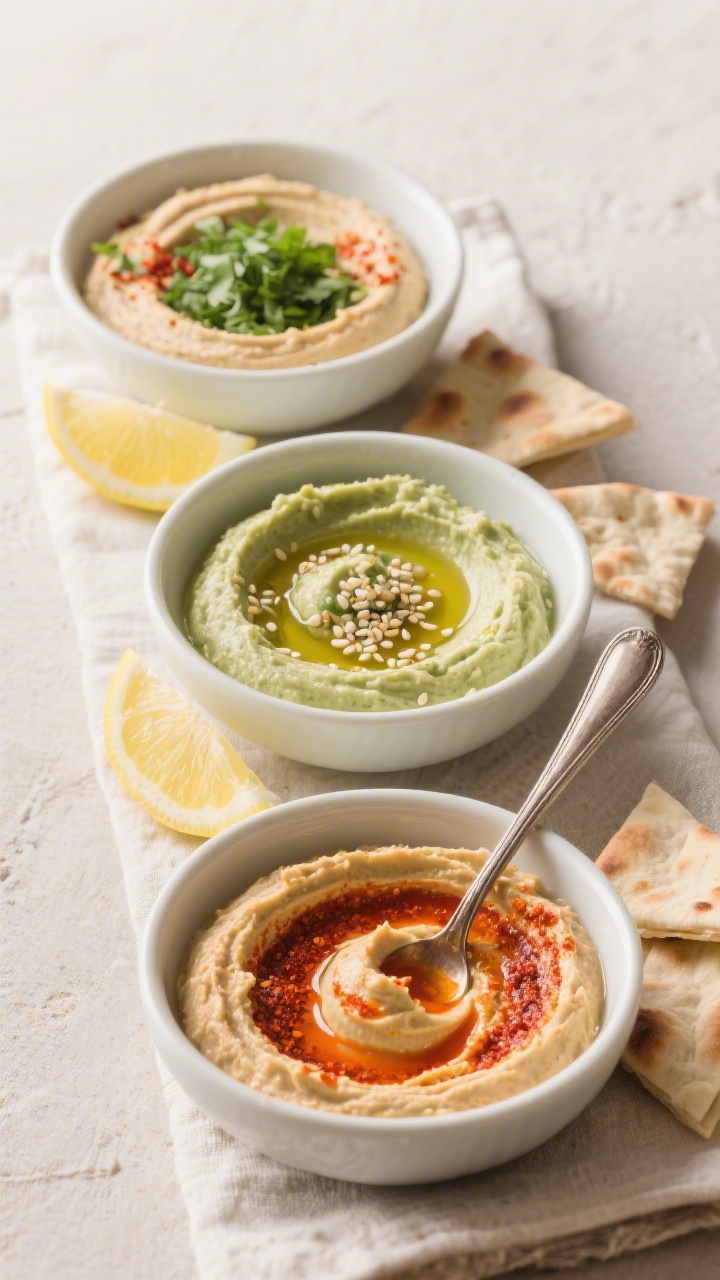 Final plated variation trio: an overhead shot featuring three small bowls of prepared hummus—class