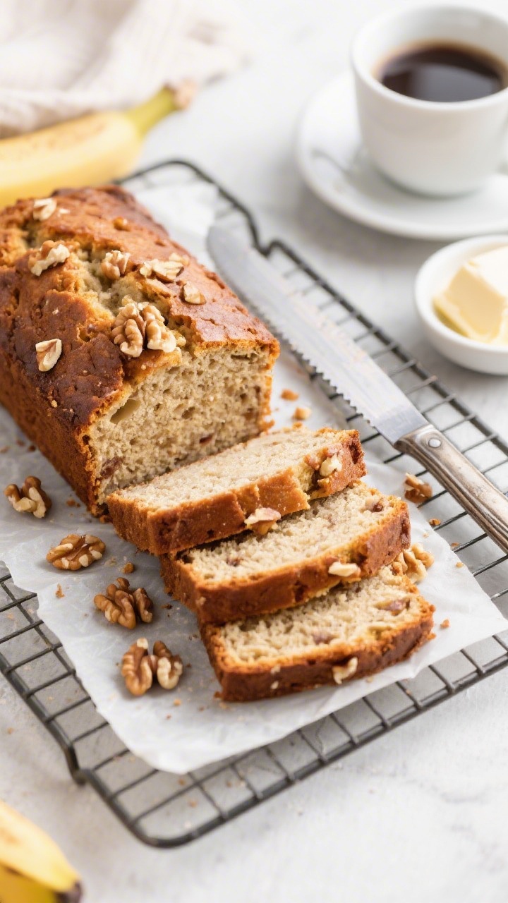Final presentation: Beautifully plated banana bread on a wire rack post-cooling, several neat slices