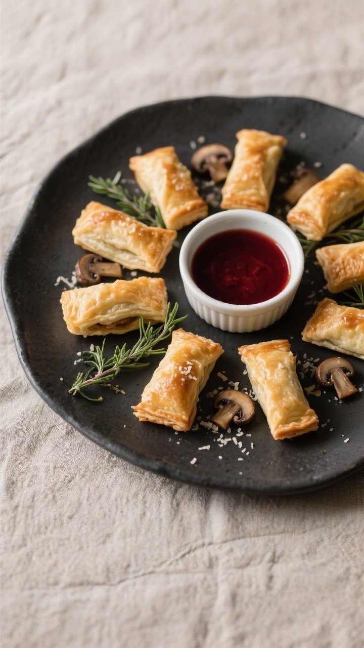 Final presentation: Beautifully plated mini mushroom puff pastry parcels arranged on a matte charcoa