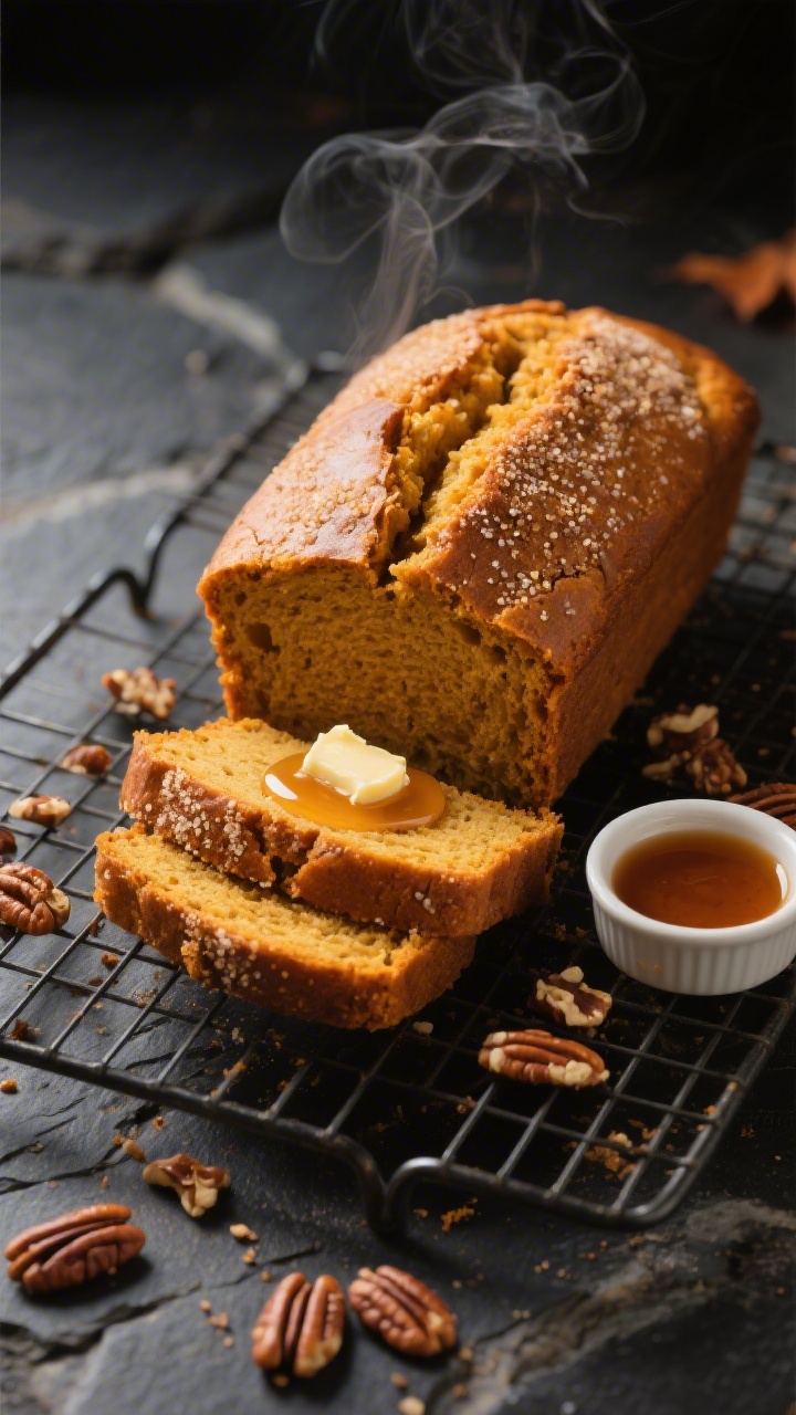 Final presentation: Beautifully plated pumpkin bread loaf on a cooling rack, top evenly domed with a