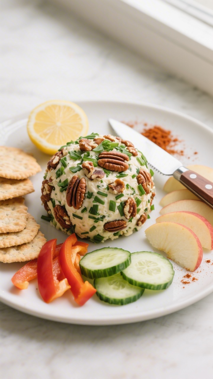 Final presentation: Beautifully plated vegan cheese ball on a matte white platter, fully coated in t