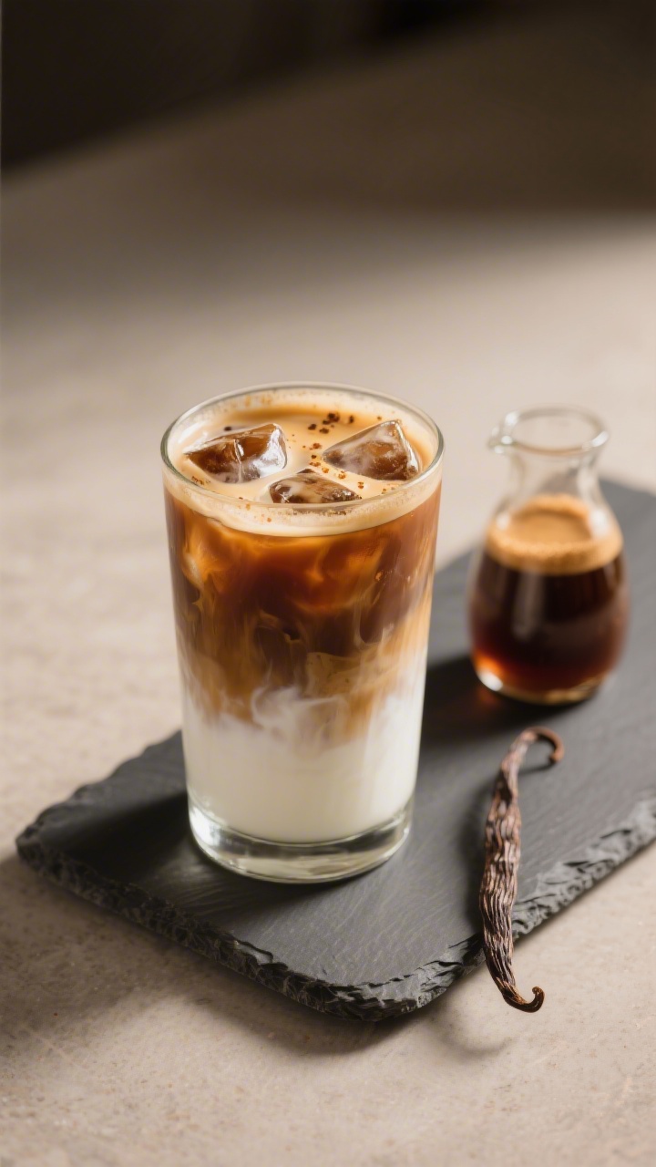 Final presentation beauty shot at a slight 45-degree angle: iced brown sugar shaken espresso with pe