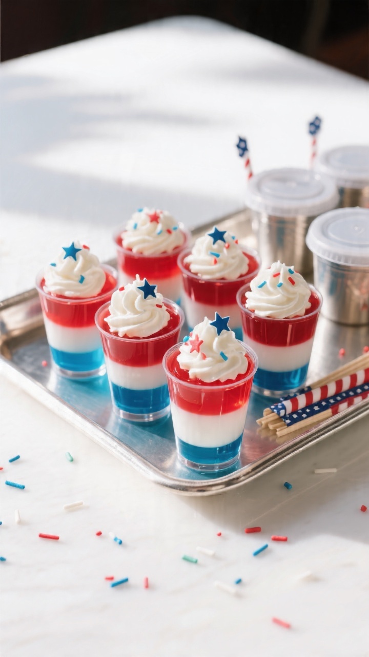 Final presentation beauty shot: Finished 4th of July Jello shots with crisp red, opaque white, and v