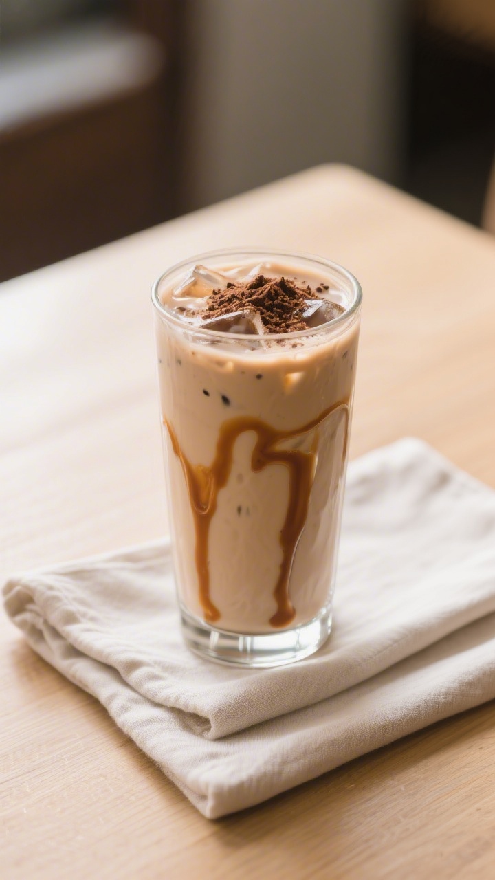 Final presentation: Café-style iced mocha protein shake variation in a tall clear glass, layered lo