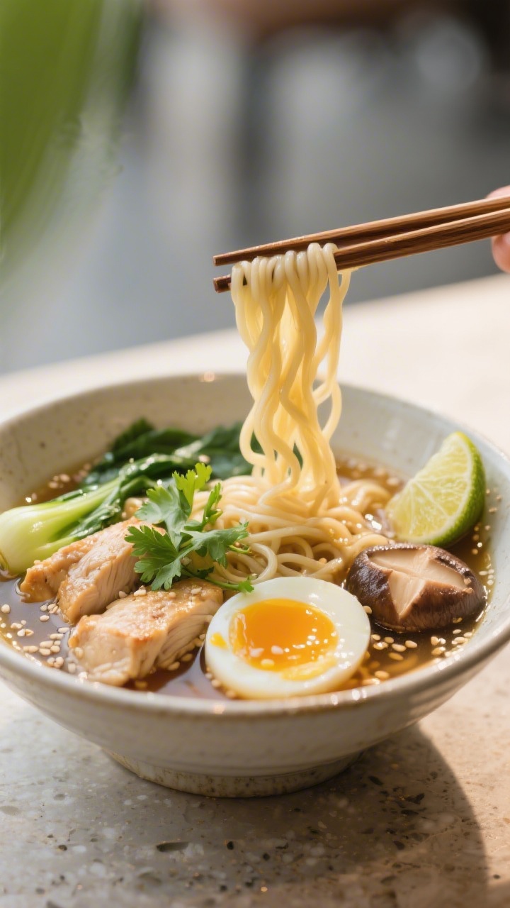 Final presentation, close-up glamour: Tight 3/4 angle of a finished ramen bowl showcasing texture—