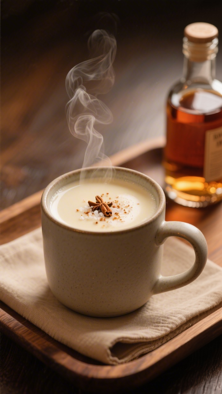 Final presentation: Cozy warm version of vegan eggnog in a matte ceramic mug, steam gently rising, s