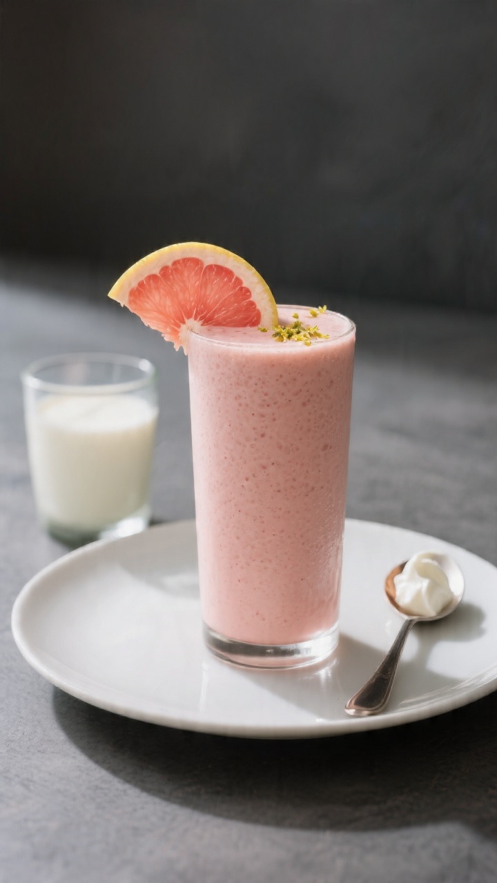 Final presentation hero: Restaurant-quality plating of a single tall smoothie glass with a velvety, 