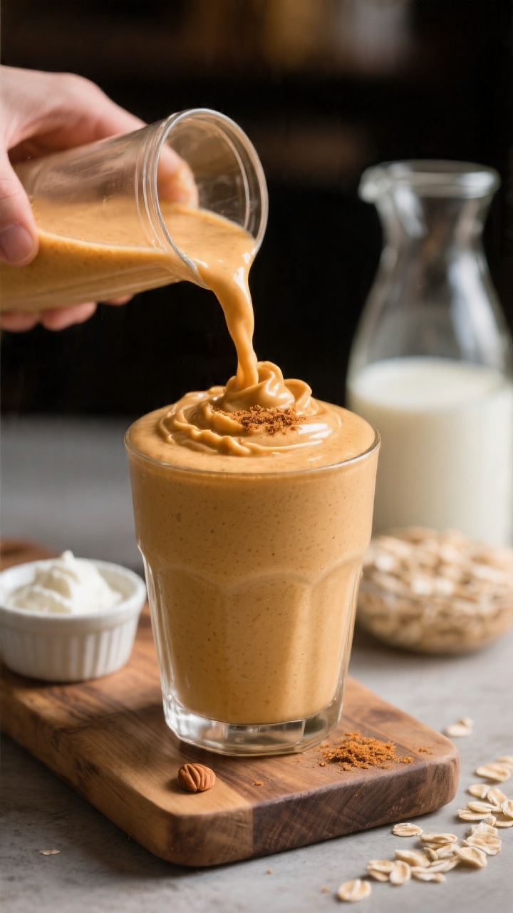 Final presentation hero: Restaurant-quality pour shot captured just after blending—smoothie being 