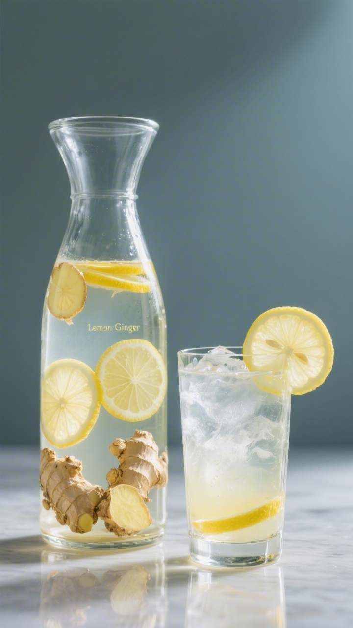 Final presentation of a “Lemon Ginger” infused water in a tall carafe: ultra-thin lemon rounds a