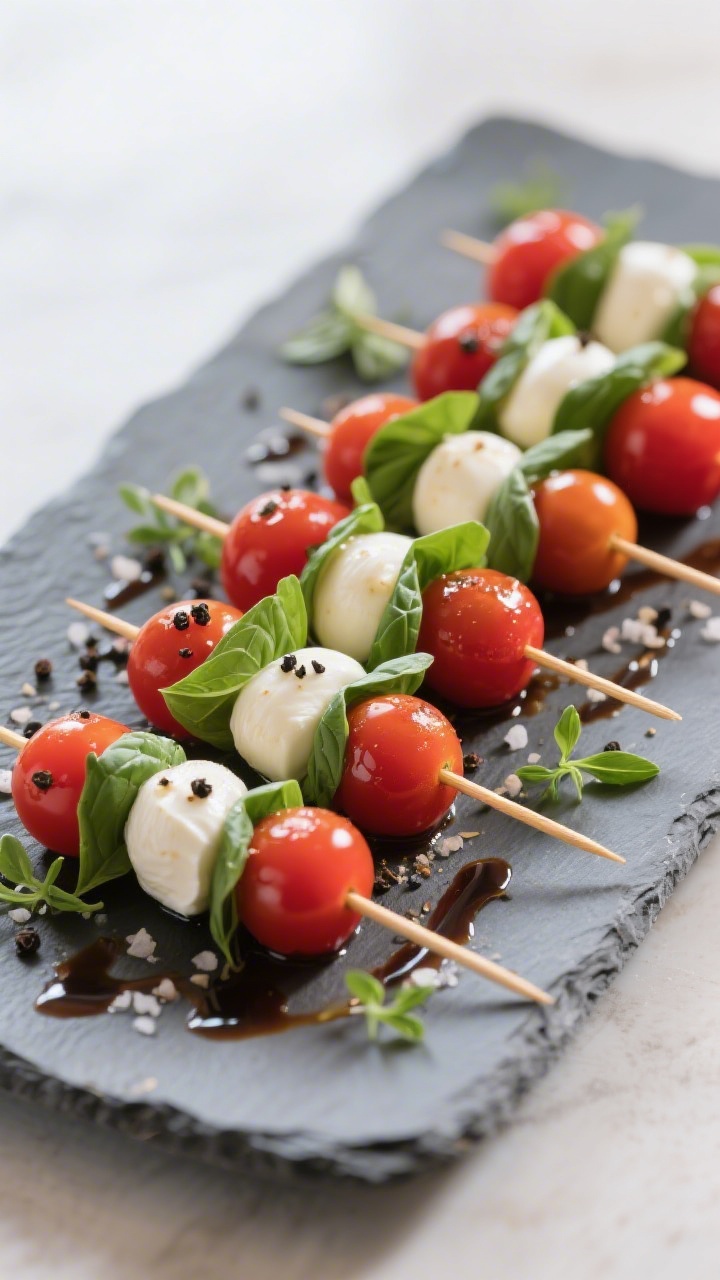 Final presentation of Light Caprese Skewers: toothpicks threaded with light mozzarella balls, vibran