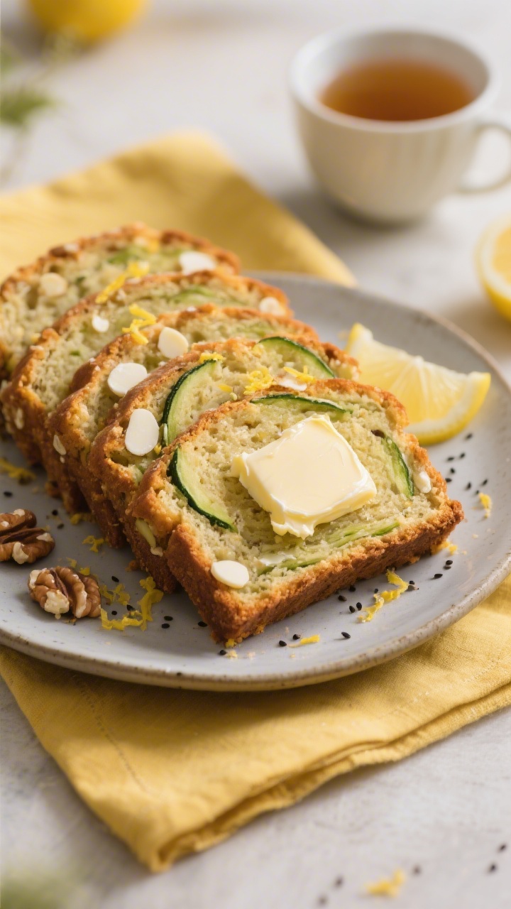 Final presentation: overhead brunch-style scene with thick, even slices of lemon zucchini bread fann