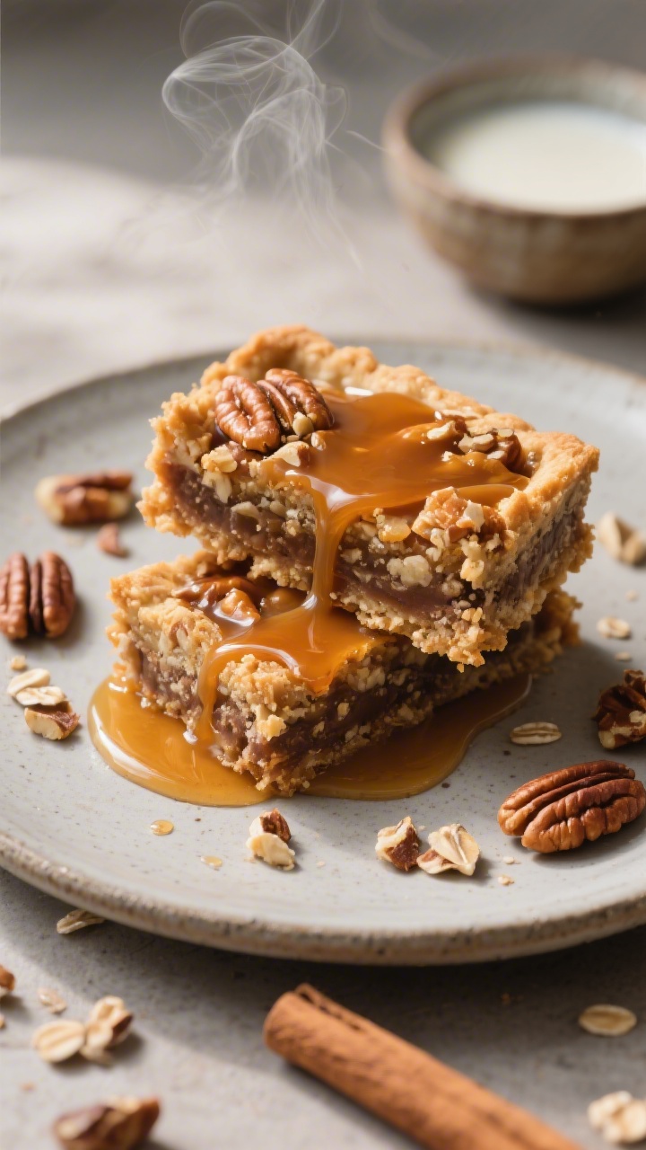 Final presentation plate: two vegan pecan pie bars stacked slightly askew on a matte stoneware desse