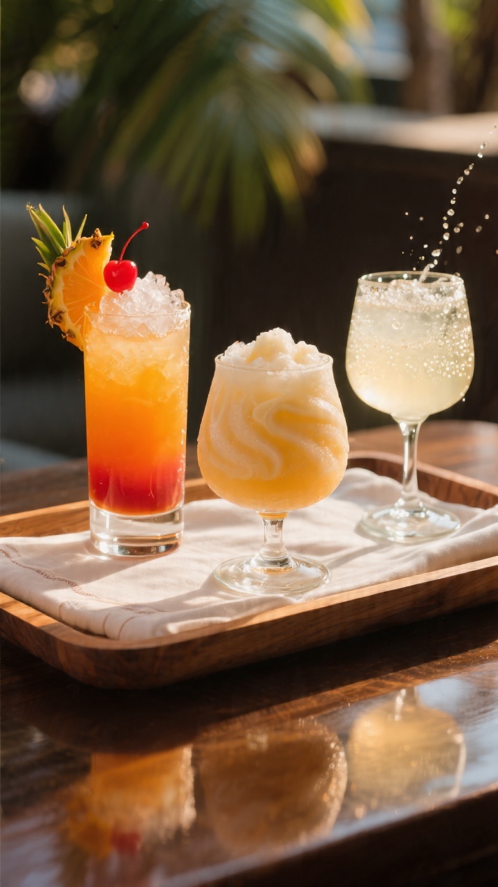 Final presentation: Restaurant-quality hero image of a Bahama Mama trio showcasing versatility—one