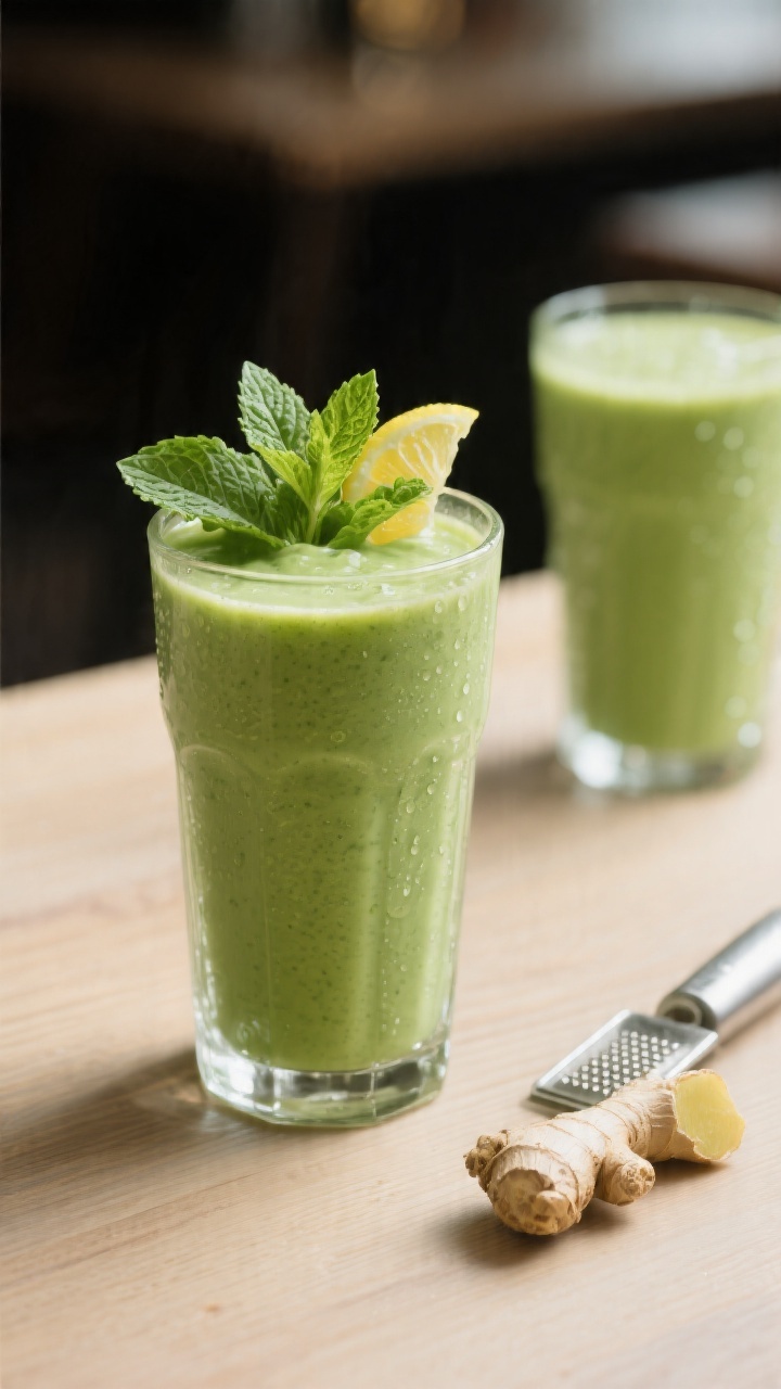 Final presentation: Restaurant-quality hero shot of the smoothie served thick and velvety in a tall,