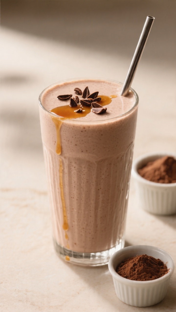 Final presentation: Restaurant-quality hero shot of the prepared smoothie served in a tall glass wit