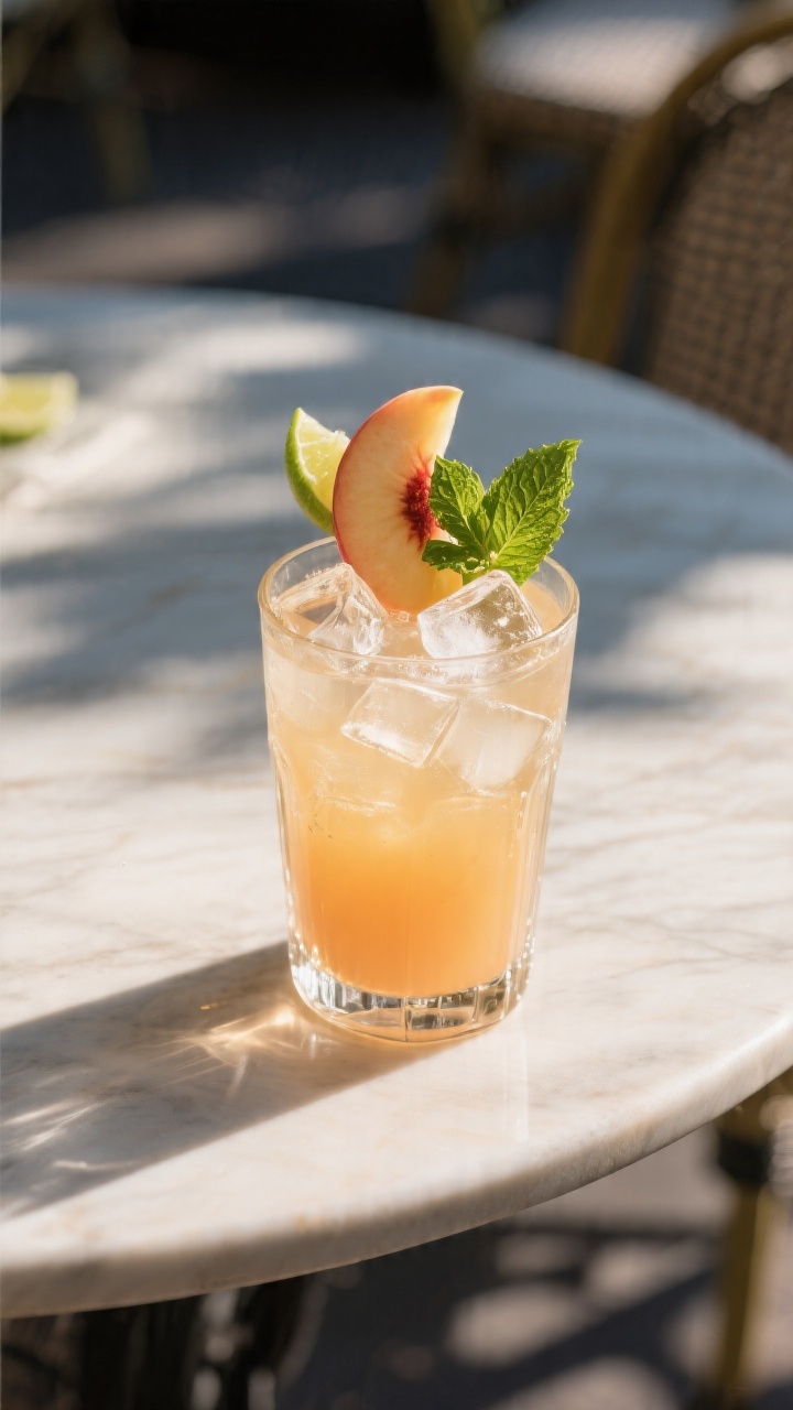Final presentation: Restaurant-quality hero shot of the Peach Cocktail on a sunlit outdoor table, ra