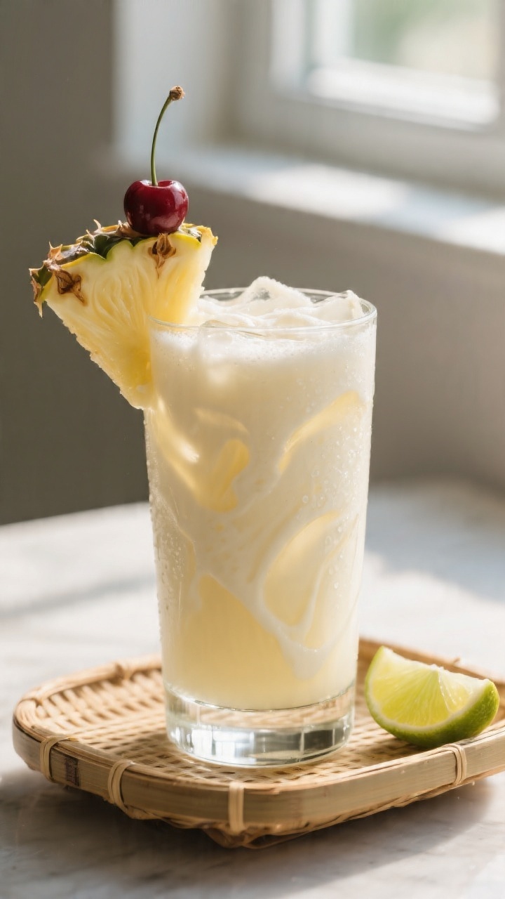 Final presentation: Restaurant-quality Piña Colada styled for serving at home—creamy pale-gold dr