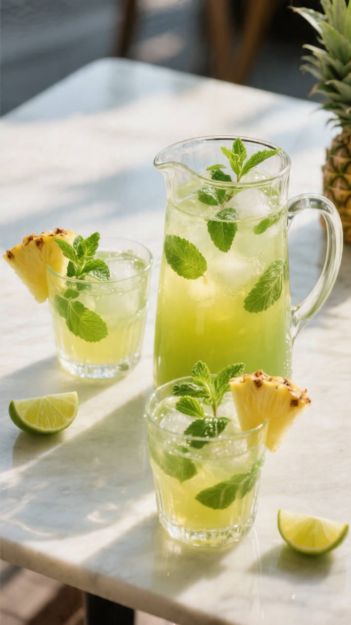 Final presentation: Restaurant-quality pitcher-and-glass scene of iced pineapple mint green tea on a