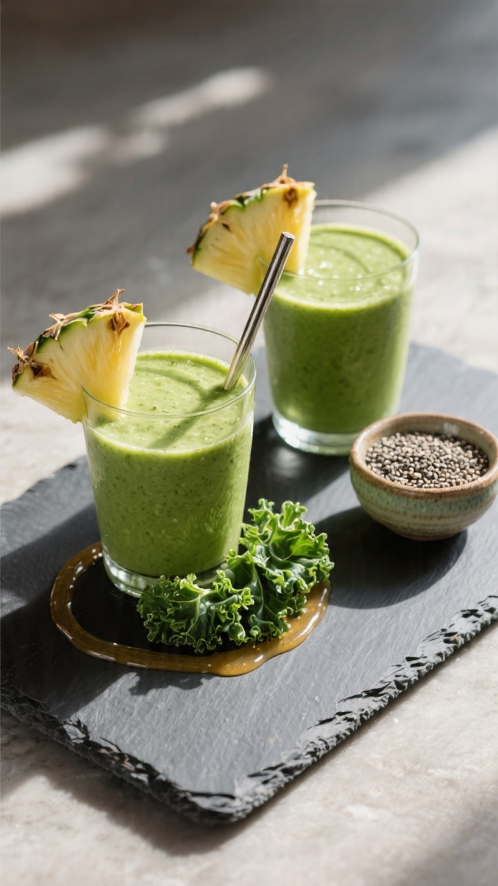 Final presentation: Restaurant-quality plating of two glasses of avocado kale smoothie on a slate bo