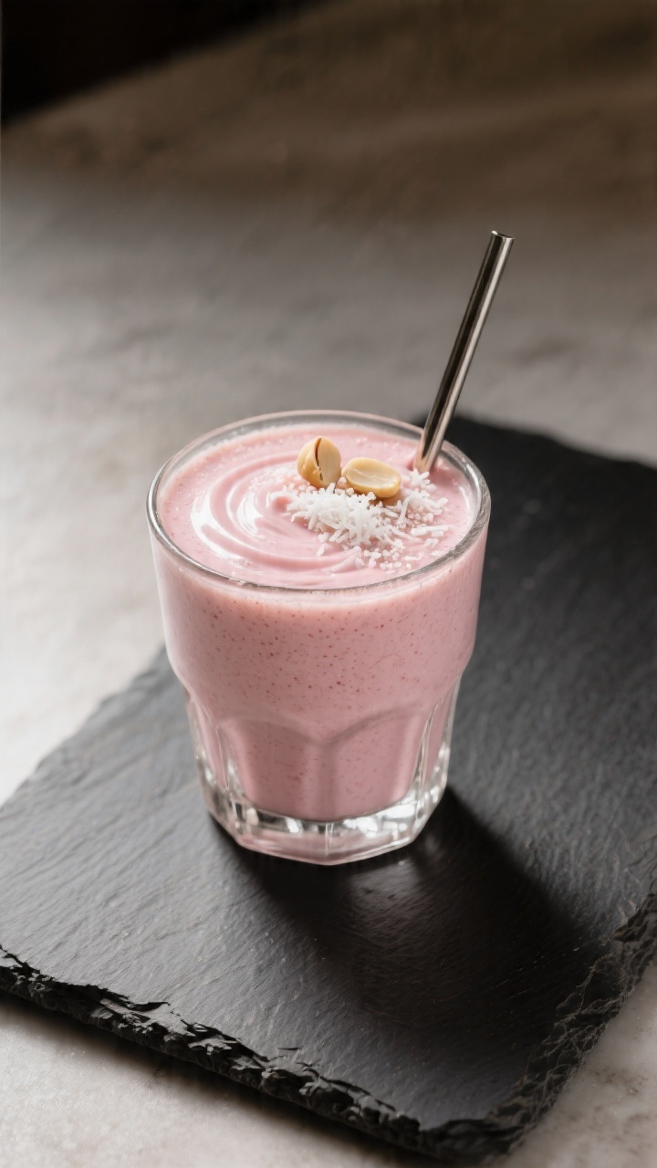 Final presentation: Restaurant-quality plating of an Extra Creamy Strawberry Coconut Keto Smoothie v