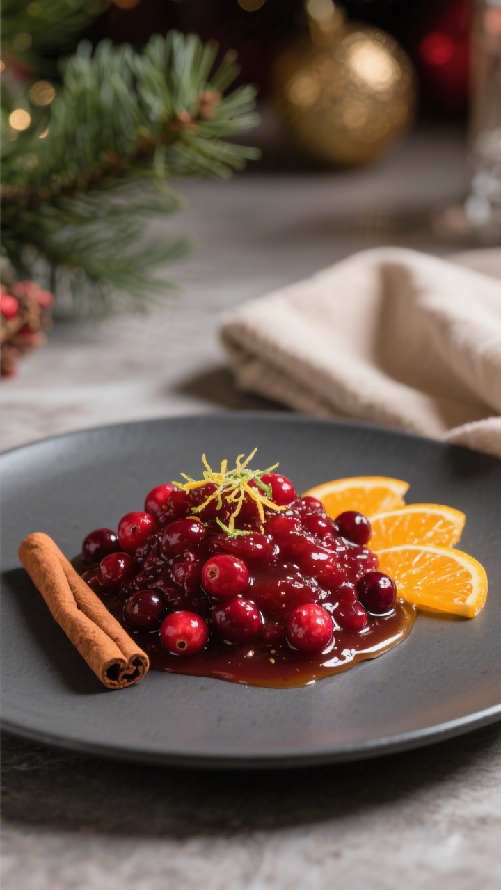 Final presentation: Restaurant-quality plating of cranberry sauce served alongside thin orange slice