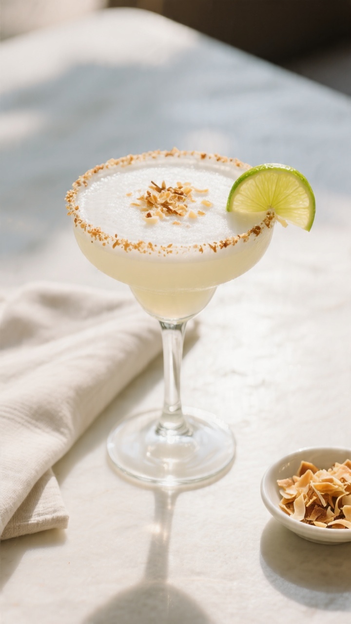 Final presentation shot: A beautifully plated Coconut Margarita in a coupe glass with a perfectly ev