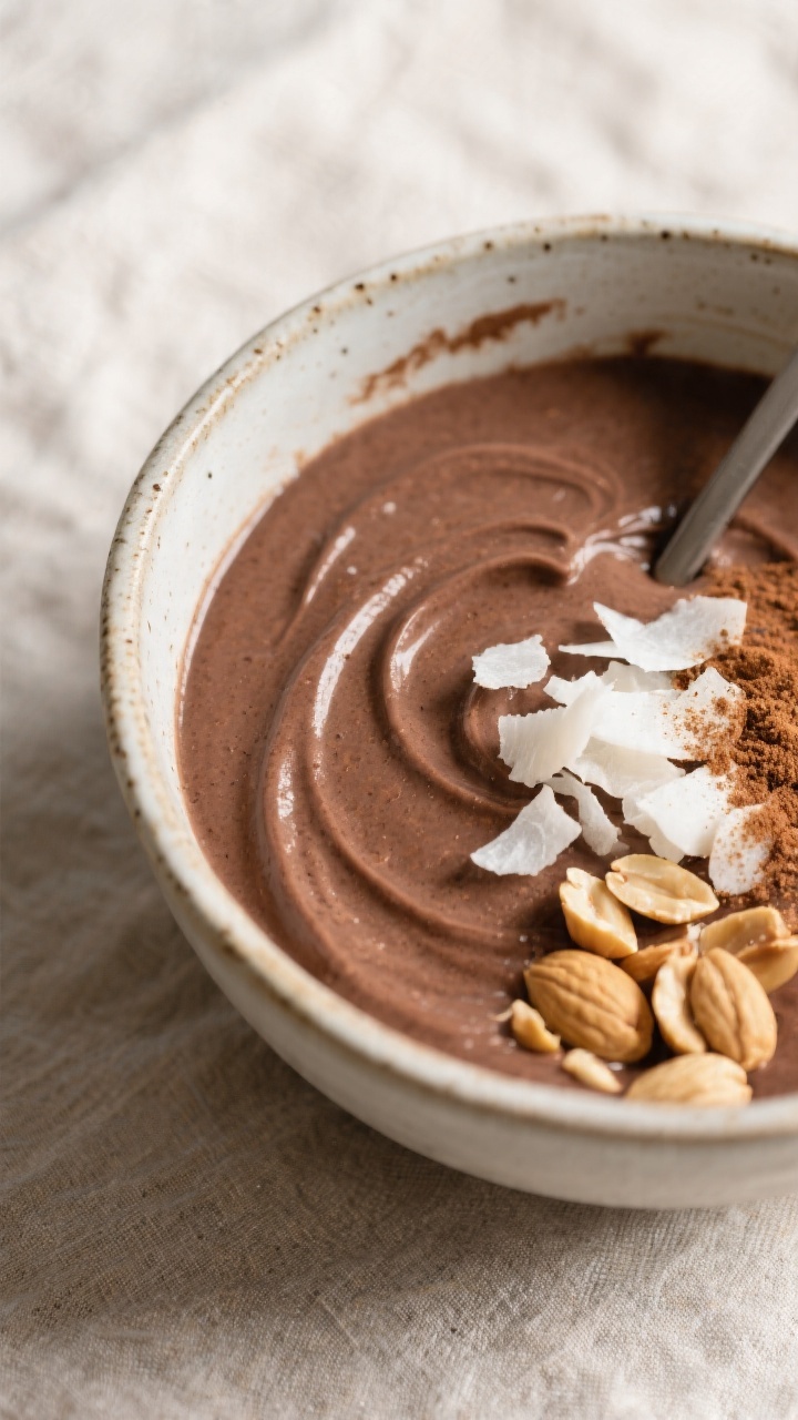 Final presentation shot at a 45-degree angle of a thick, frosty Chocolate Peanut Butter Keto Smoothi