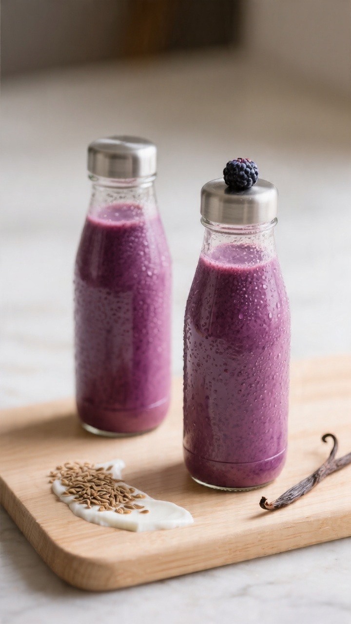 Final presentation: Two portable servings of the smoothie in frosted, condensation-kissed insulated 